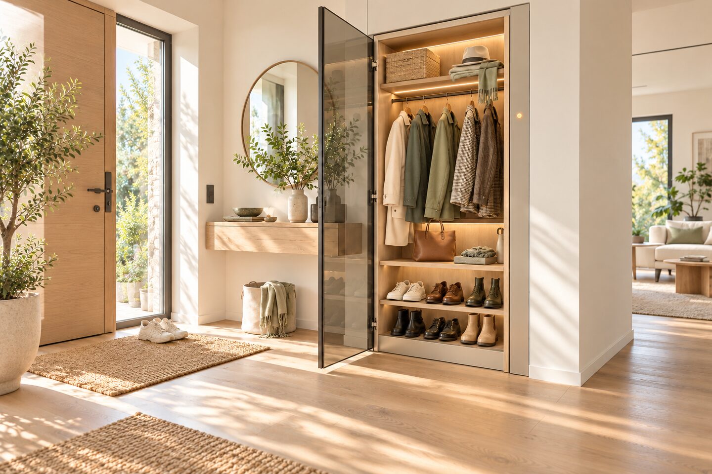 Concept: vano integrato nell’ingresso di una casa luminosa, con cappotti e scarpe