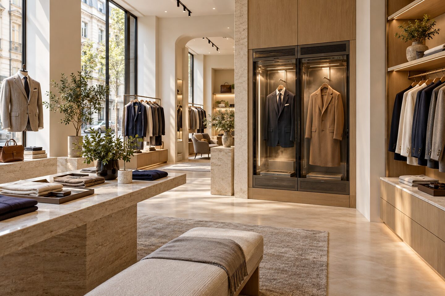 Concept: vani dedicati ai capi integrati nell’arredo di una boutique luminosa